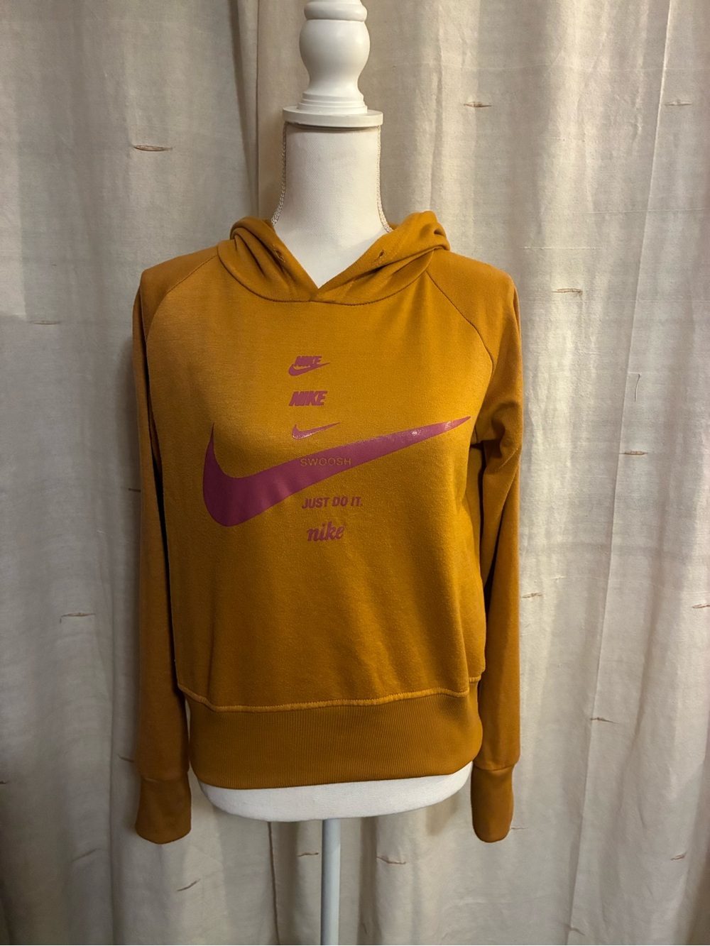 Nike Women's Mustard Yellow Hoodie with Pink Swoosh